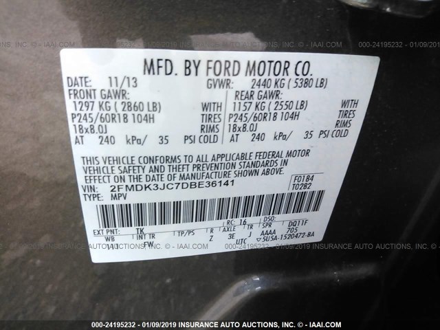 2FMDK3JC7DBE36141 - 2013 FORD EDGE SEL GRAY photo 9