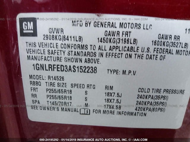 1GNLRFED3AS152238 - 2010 CHEVROLET TRAVERSE RED photo 9