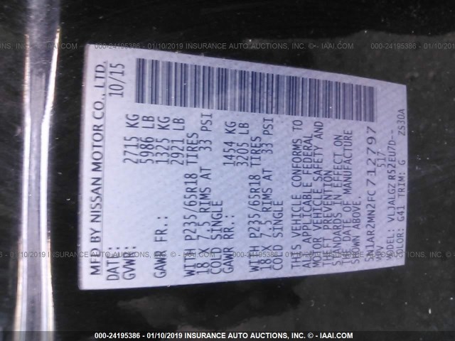 5N1AR2MN2FC712797 - 2015 NISSAN PATHFINDER S/SV/SL/PLATINUM BLACK photo 9
