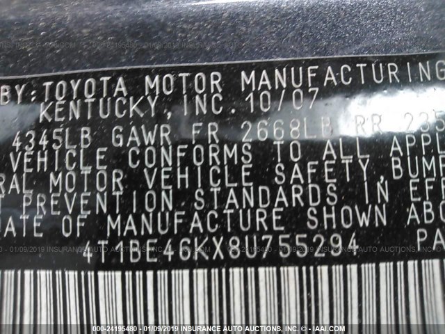 4T1BE46KX8U755294 - 2008 TOYOTA CAMRY CE/LE/XLE/SE GRAY photo 9
