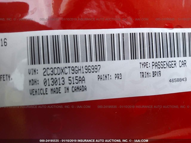 2C3CDXCT9GH196997 - 2016 DODGE CHARGER R/T RED photo 9