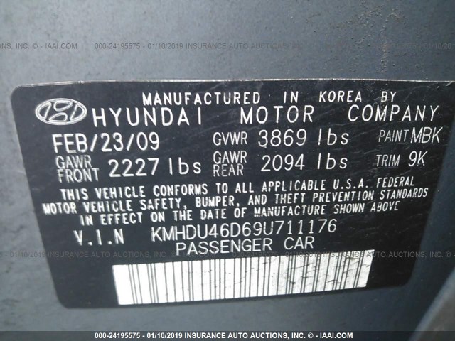 KMHDU46D69U711176 - 2009 HYUNDAI ELANTRA GLS/SE GREEN photo 9