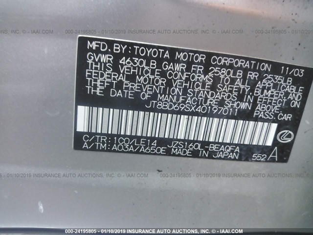 JT8BD69SX40197011 - 2004 LEXUS GS 300 SILVER photo 9