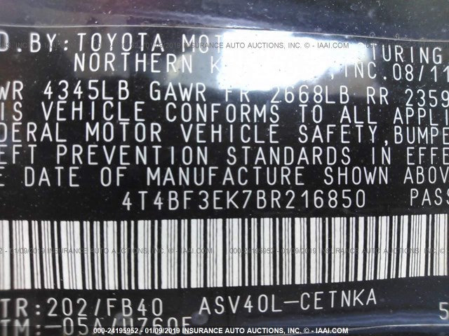 4T4BF3EK7BR216850 - 2011 TOYOTA CAMRY SE/LE/XLE BLACK photo 9