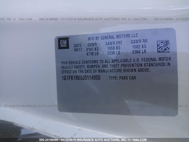 1G1FK1R60J0114950 - 2018 CHEVROLET CAMARO ZL1 白色 照片 9