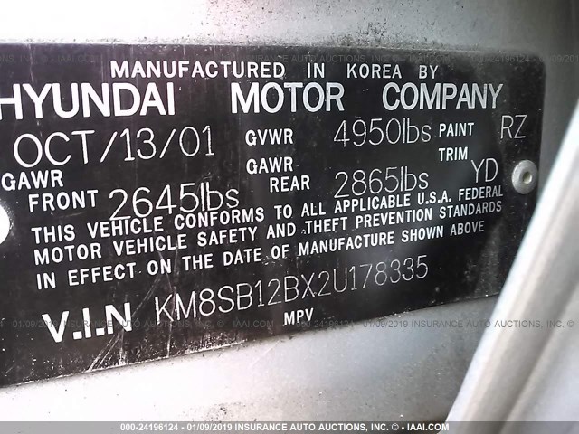 KM8SB12BX2U178335 - 2002 HYUNDAI SANTA FE GL SILVER photo 9