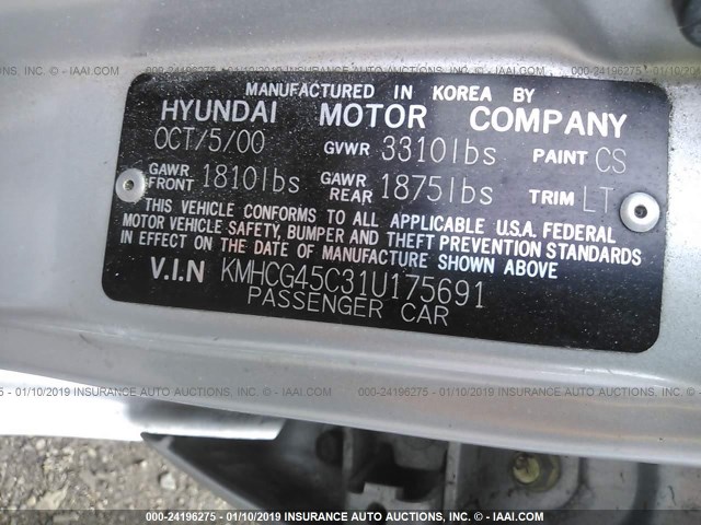 KMHCG45C31U175691 - 2001 HYUNDAI ACCENT GL SILVER photo 9