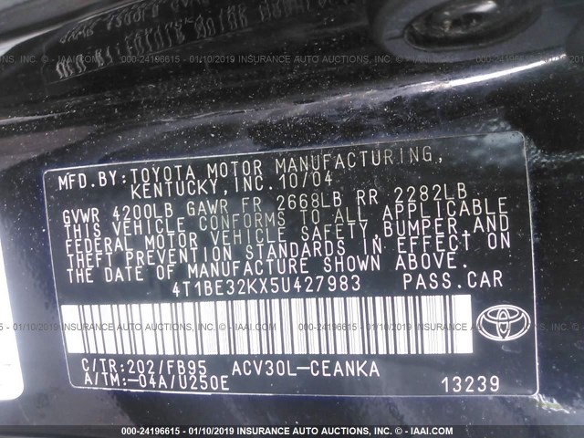 4T1BE32KX5U427983 - 2005 TOYOTA CAMRY LE/XLE/SE BLACK photo 9