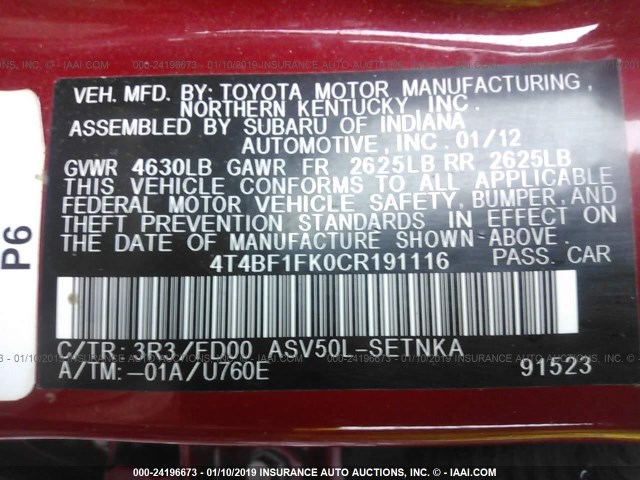 4T4BF1FK0CR191116 - 2012 TOYOTA CAMRY SE/LE/XLE 红色 照片 9