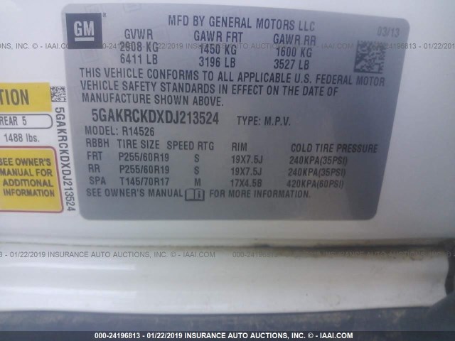 5GAKRCKDXDJ213524 - 2013 BUICK ENCLAVE WHITE photo 9