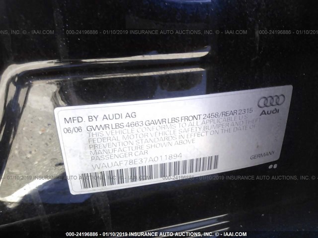 WAUAF78E37A011894 - 2007 AUDI A4 2/TURBO BLACK photo 9