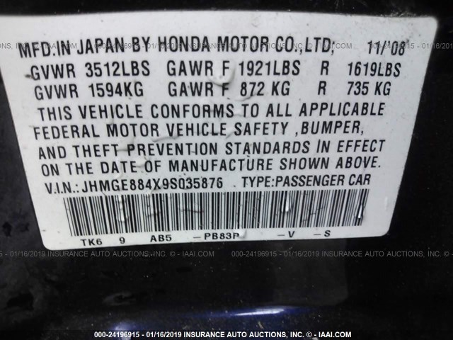 JHMGE884X9S035876 - 2009 HONDA FIT SPORT PURPLE photo 9