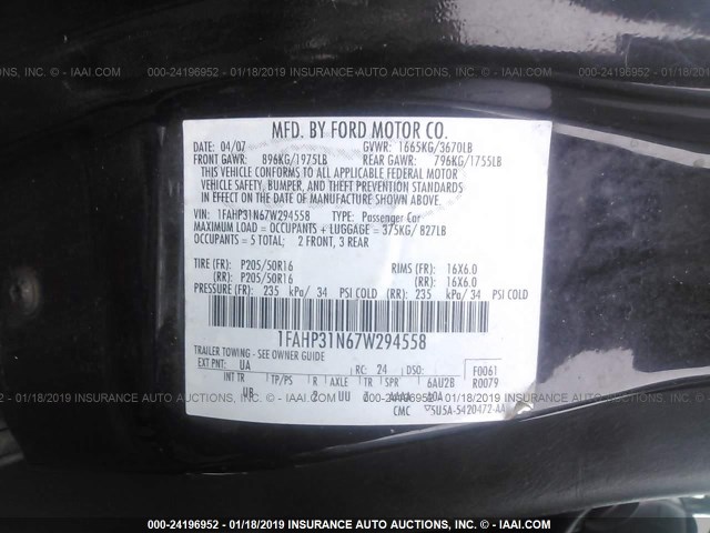 1FAHP31N67W294558 - 2007 FORD FOCUS ZX3/S/SE/SES BLACK photo 9