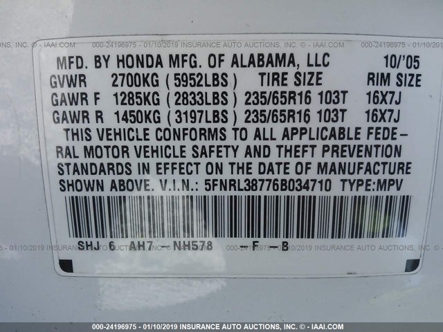 5FNRL38776B034710 - 2006 HONDA ODYSSEY EXL WHITE photo 9