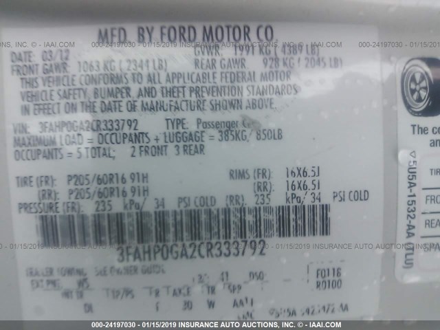 3FAHP0GA2CR333792 - 2012 FORD FUSION S WHITE photo 9