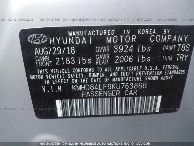 KMHD84LF9KU763868 - 2019 HYUNDAI ELANTRA SEL/VALUE/LIMITED GRAY photo 9