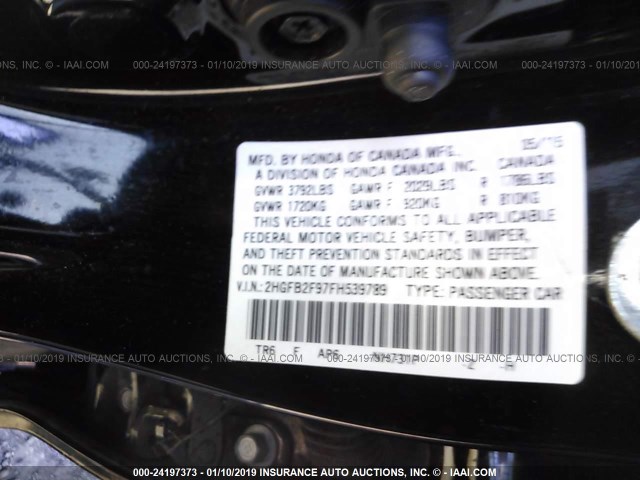 2HGFB2F97FH539789 - 2015 HONDA CIVIC EXL BLACK photo 9