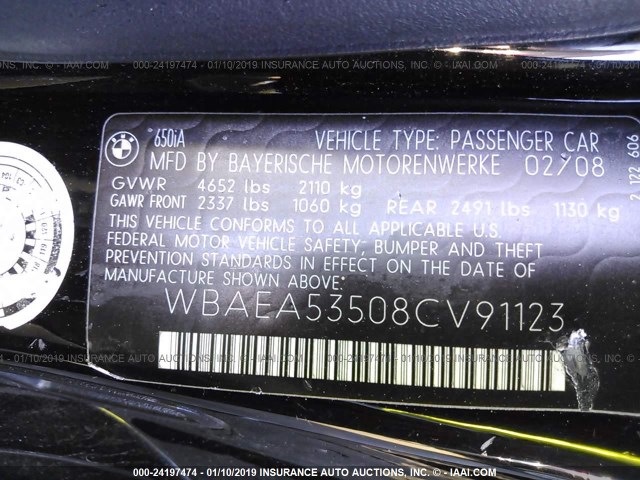 WBAEA53508CV91123 - 2008 BMW 650 I BLACK photo 9