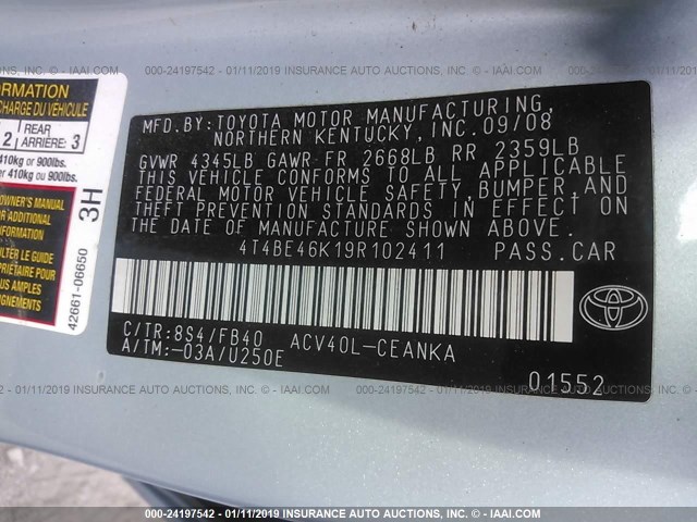 4T4BE46K19R102411 - 2009 TOYOTA CAMRY SE/LE/XLE 浅蓝色 照片 9