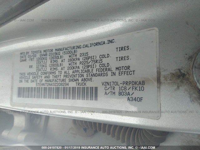 5TEHN72N43Z208294 - 2003 TOYOTA TACOMA DOUBLE CAB 银色 照片 9