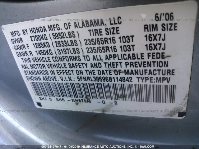 5FNRL38696B114842 - 2006 HONDA ODYSSEY EXL GRAY photo 9