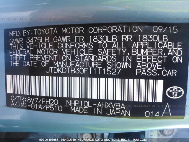 JTDKDTB30F1111527 - 2015 TOYOTA PRIUS C BLUE photo 9