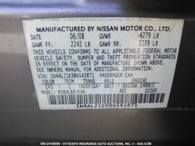 1N4AL21E98N543871 - 2008 NISSAN ALTIMA 2.5/2.5S GOLD photo 9