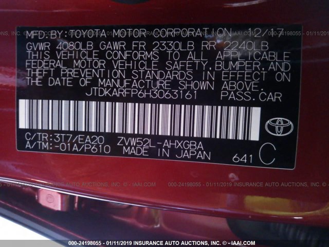 JTDKARFP6H3063161 - 2017 TOYOTA PRIUS PRIME  红色 照片 9