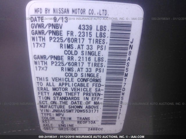 JN8AS5MT7DW553171 - 2013 NISSAN ROGUE S/SV GRAY photo 9