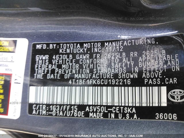 4T1BF1FK6CU192216 - 2012 TOYOTA CAMRY SE/LE/XLE GRAY photo 9