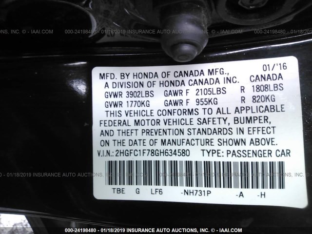 2HGFC1F78GH634580 - 2016 HONDA CIVIC EXL BLACK photo 9