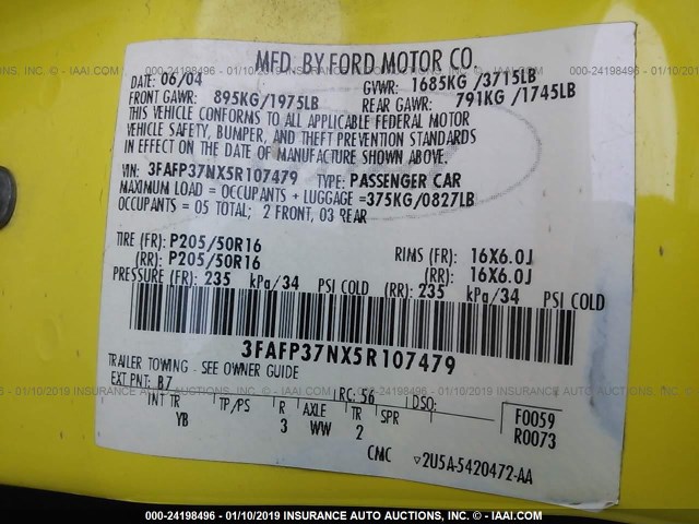 3FAFP37NX5R107479 - 2005 FORD FOCUS ZX5 YELLOW photo 9