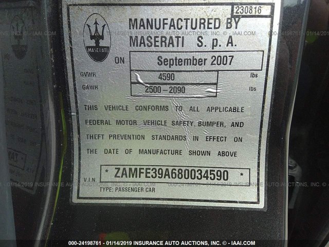 ZAMFE39A680034590 - 2008 MASERATI Quattroporte M139 GRAY photo 9