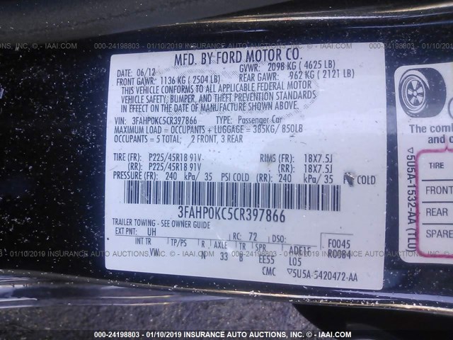 3FAHP0KC5CR397866 - 2012 FORD FUSION SPORT BLACK photo 9