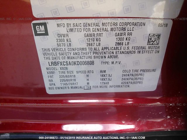 LRBFXCSA0KD006808 - 2019 BUICK ENVISION ESSENCE RED photo 9