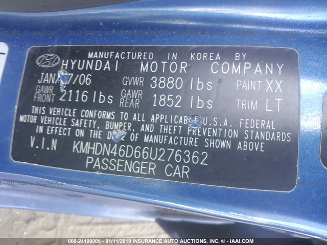 KMHDN46D66U276362 - 2006 HYUNDAI ELANTRA GLS/GT/LIMITED BLUE photo 9