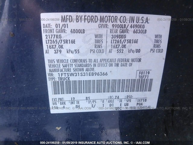 1FTSW31S31EB96366 - 2001 FORD F350 SRW SUPER DUTY BLUE photo 9