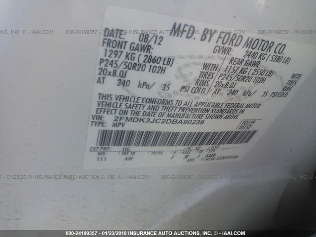 2FMDK3JC2DBA90239 - 2013 FORD EDGE SEL WHITE photo 9