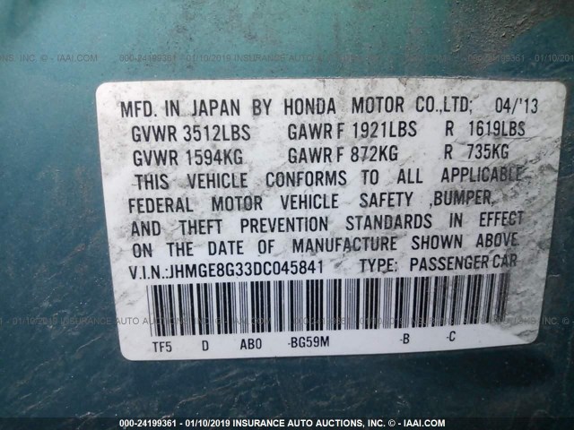 JHMGE8G33DC045841 - 2013 HONDA FIT GREEN photo 9