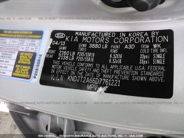 KNDJT2A66D7761221 - 2013 KIA SOUL +/!/SPORT SILVER photo 9