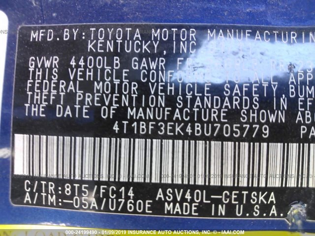 4T1BF3EK4BU705779 - 2011 TOYOTA CAMRY SE/LE/XLE 蓝色 照片 9