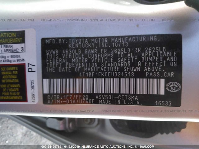 4T1BF1FK0EU324518 - 2014 TOYOTA CAMRY L/SE/LE/XLE 银色 照片 9