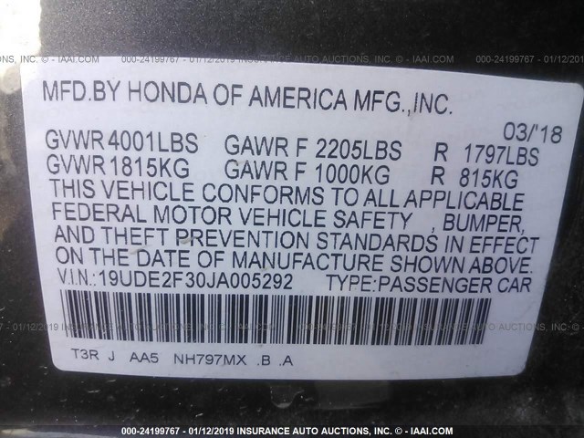 19UDE2F30JA005292 - 2018 ACURA ILX WATCH PLUS GRAY photo 9