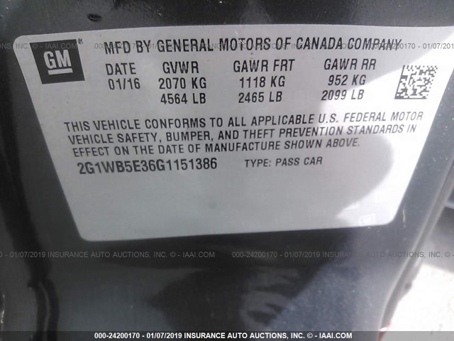 2G1WB5E36G1151386 - 2016 CHEVROLET IMPALA LIMITED LT GRAY photo 9