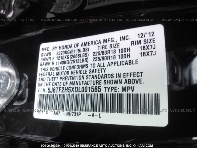 5J6TF2H5XDL001565 - 2013 HONDA CROSSTOUR EXL BLACK photo 9