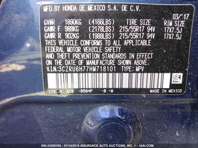 3CZRU6H77HM718101 - 2017 HONDA HR-V EXL BLUE photo 9