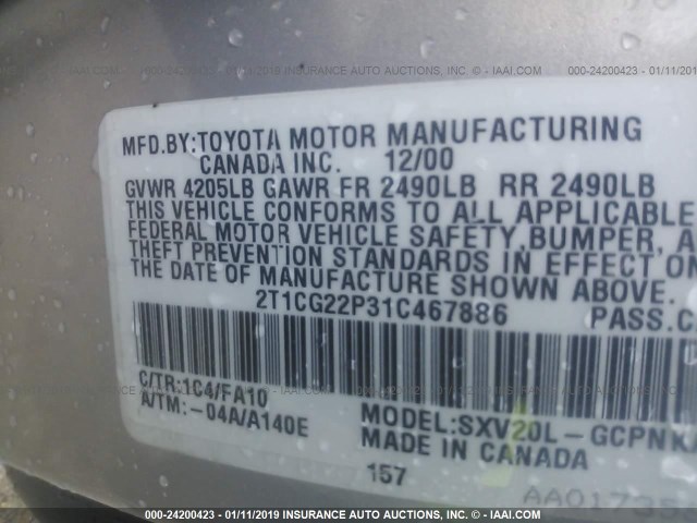 2T1CG22P31C467886 - 2001 TOYOTA CAMRY SOLARA SE SILVER photo 9