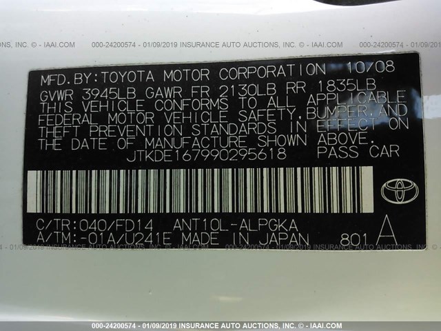 JTKDE167990295618 - 2009 TOYOTA SCION TC თეთრი ფოტო 9