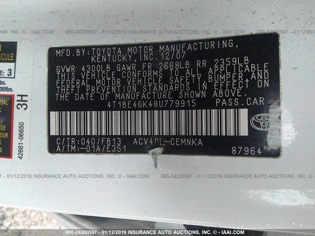 4T1BE46K48U779915 - 2008 TOYOTA CAMRY CE/LE/XLE/SE WHITE photo 9