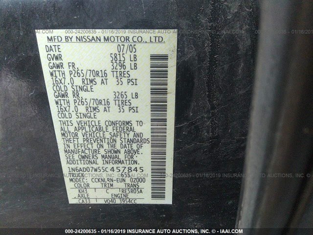 1N6AD07W55C457845 - 2005 NISSAN FRONTIER CREW CAB LE/SE/OFF ROAD BLACK photo 9